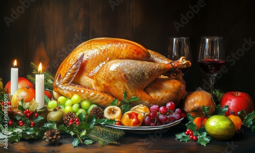 Roasted Turkey on Decorative Platter With Fruit, Candles, and Red Wine for Th...