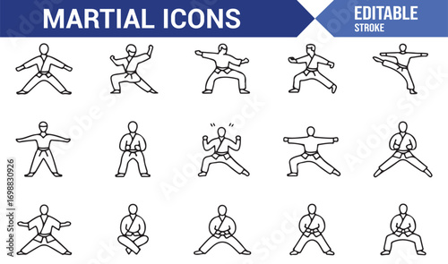 Vector set of martial arts icons with athletes, performance, and practice moves