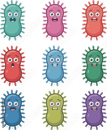 Cute colorful cartoon bacteria characters with facial expressions, emotions, microbe icons for science, kids, design