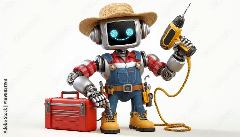 Obraz premium Robo-farmer in action workshop digital illustration creative environment front view future of agriculture