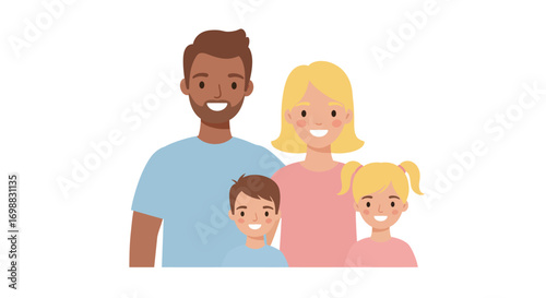 Happy family portrait with smiling parents and children in minimalist cartoon style