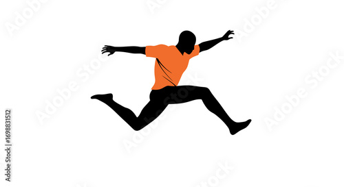 Dynamic silhouette of a person leaping in orange shirt