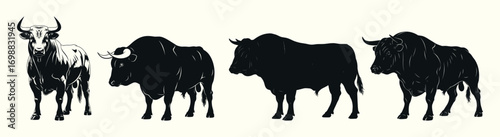 A powerful collection of black bull illustrations and silhouettes. A graphic vector element symbolizing financial markets and masculine strength
