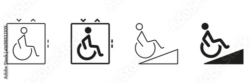 Wheelchair Accessibility And Elevator Icon Set. Disability Access, Mobility Assistance, And Inclusive Design Symbol Collection. Promoting Barrier-Free Environments. Isolated Vector Illustration