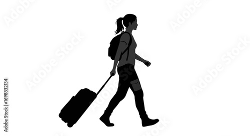 Silhouette of traveler walking with suitcase on white background