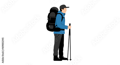 Flat style hiker holding trekking poles in profile view on white background