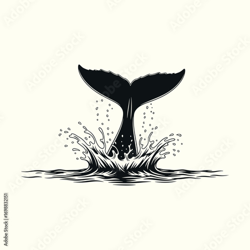 A powerful whale tail splashes into the ocean, creating waves and drops of water. A monochrome vintage-style vector illustration