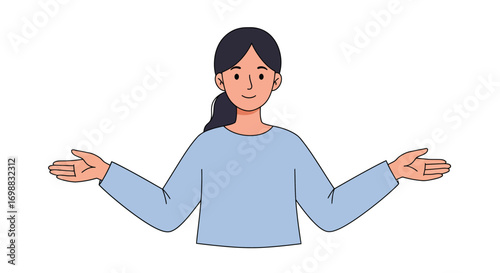 Smiling woman with open arms in minimalist style on white background