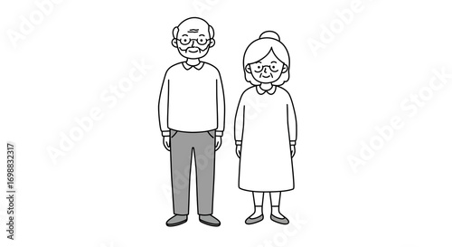 Simple line art of happy elderly couple standing together in casual attire