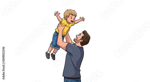 Playful dad lifting happy child in the air, happy family moment, flat design