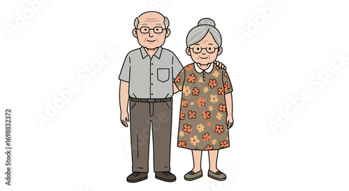 Happy elderly couple in casual attire with floral design