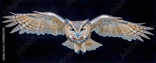 Barreled Owl Spreads Its Wings as It Flies and Hunts in the Early Evening.