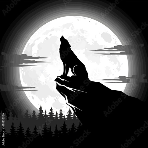 Dramatic silhouette of a wild wolf howling at the majestic full moon, perched on a rugged cliff under a dark, cloudy night sky, evoking wilderness and mystique