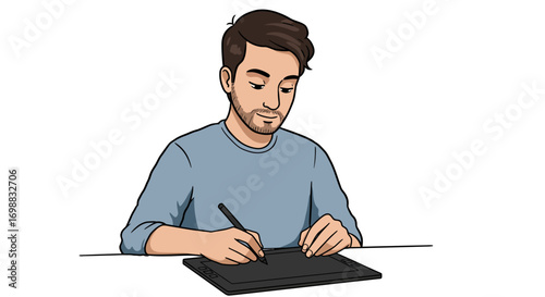 Digital artist working on tablet illustration in cartoon style