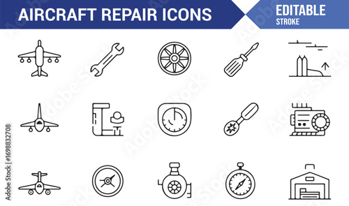 Aviation workshop icon set with aircraft, radar, propeller, and technical tools