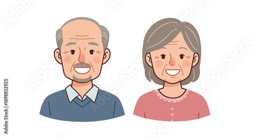 Charming smiling elderly couple character portraits in cartoon style