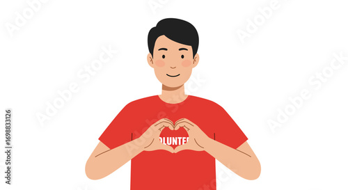 Volunteer appreciation concept with young man in red shirt making heart shape with hands