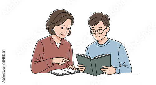 Mother and teen studying together in casual line drawing on white background