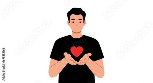 Man holding heart symbol: compassion and care concept in modern flat design