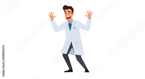 Excited male scientist in lab coat joyfully expressing success
