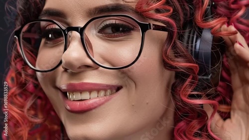 Young Stylish Redhead Woman Listening to Music with Headphones