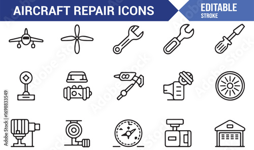 Airplane maintenance and repair icons for aeronautics and aviation industry