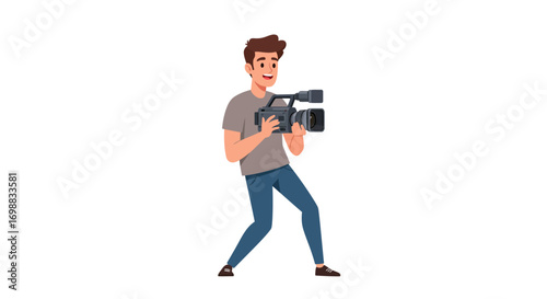 Young man operating video camera in casual outfit