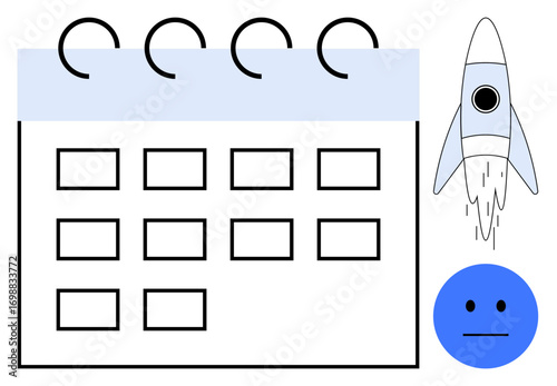 Calendar with grid layout, a launching rocket, and expressionless face represent planning, goals, deadlines, productivity, innovation, scheduling and emotionless focus. Simple flat metaphor