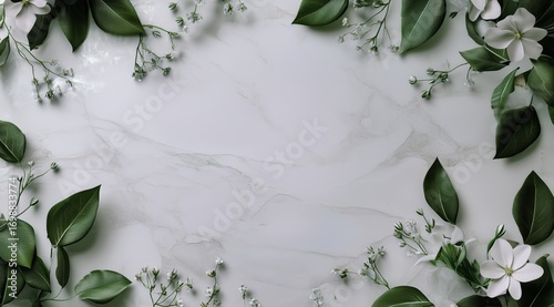 Floral Arrangement With Leaves and Tiny White Flowers on Marble Background