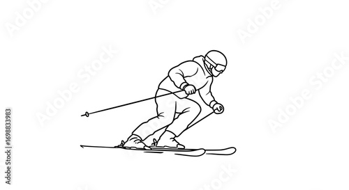Dynamic linear drawing of a skier in action on a snowy slope