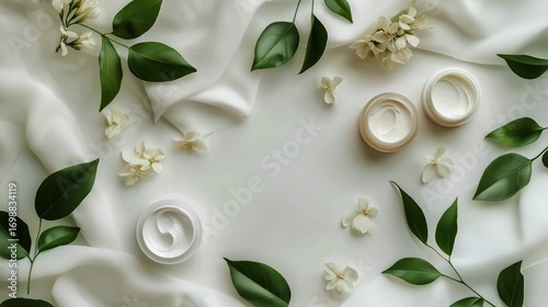 Cosmetic Cream Displayed With Flowers and Leaves on White Silky Fabric in Day...