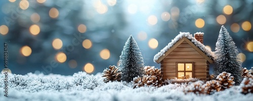 Cozy wooden cabin in winter wonderland with snow and pine trees
