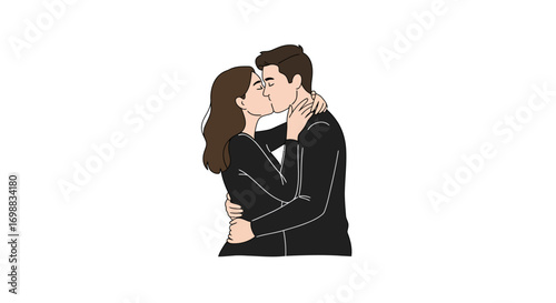 Romantic embrace of couple sharing a kiss in outline style