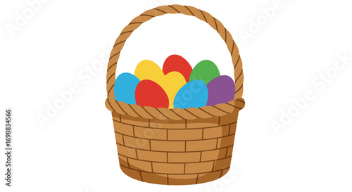 Colorful easter eggs in woven basket on white background