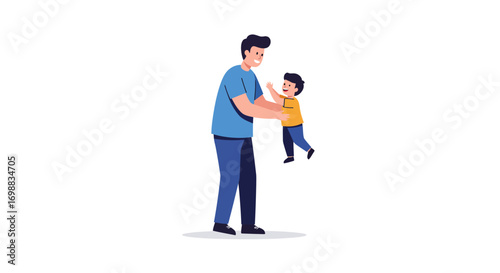 Father and son bonding moment with joyful smiles in a minimalist cartoon style