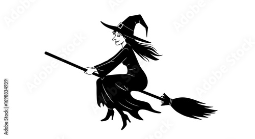 Silhouette of a witch riding a broomstick for halloween designs