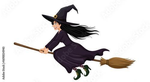 Friendly halloween witch flying on a broomstick in a cartoon style