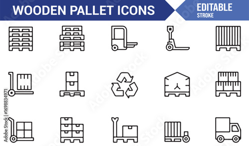 Pallet icons with forklift, recycling, storage, and logistics vector pack