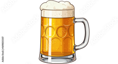 Refreshing mug of beer with frothy foam in cartoon style