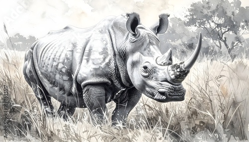 Rhinoceros sketch grazing in tall grassland vintage drawing high resolution Image
