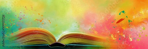Open Book on a Surface With Yellow, Green, Pink and Orange Colorful Abstract ...