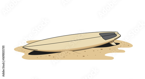 Minimalist surfboard on sandy beach
