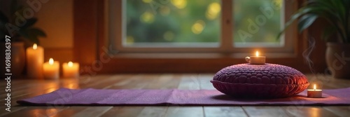 Serene Yoga and Meditation Setup Candles, Incense, and Cushions Create a Peaceful Atmosphere for Mindful Practice and Relaxation