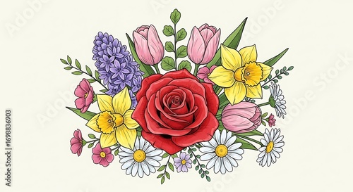 Vibrant Hand Drawn Spring Flower Bouquet Illustration.