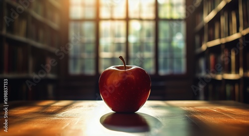 Red Apple Sits on a Wooden Table in a Brightly Lit Library at Daytime.