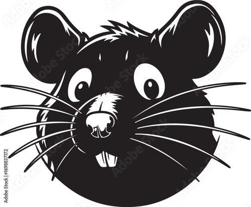 Stylized black and white cartoon rat face with large ears and whiskers