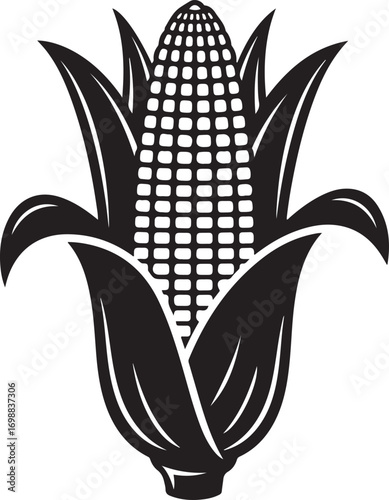Stylized black and white illustration of a ripe ear of corn with husk leaves