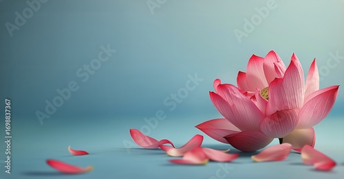 Pink Lotus Flower With Some Scattered Petals on a Blue Backdrop at Daytime.