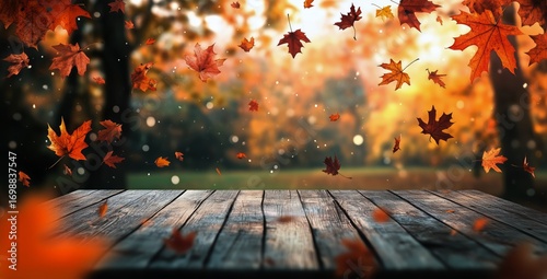 Falling Maple Leaves in Autumn on Table With Trees Background During Daytime