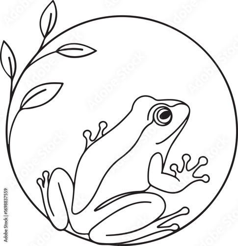 Artistic line drawing of a frog perched within a circle with a delicate branch